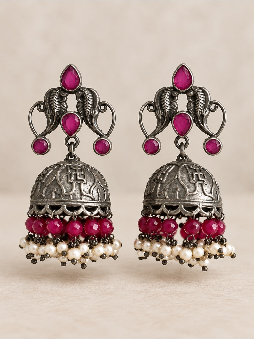 Handmade Pink Stone Jhumka Earrings with Pearl Fringe